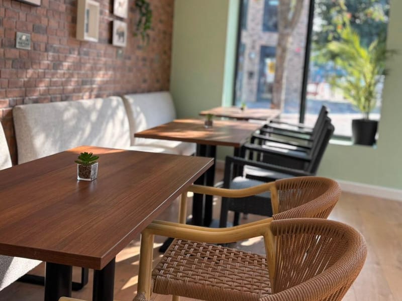 A sunny corner with wooden tables, rattan armchairs and bench seating by a tall window, against sage-green walls